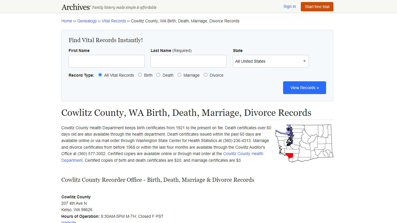 Cowlitz County, WA Birth, Death, Marriage, Divorce Records